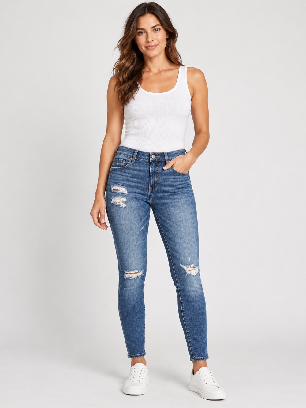LOFT Distressed Skinny Jeans in Blue Wash